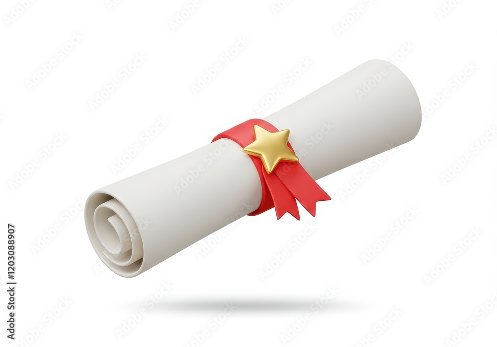 A 3D illustration of a rolled-up white certificate bound by a red ribbon with a golden star against a white background A 3D illustration of a rolled-up white certificate bound by a red ribbon with a golden star against a white background