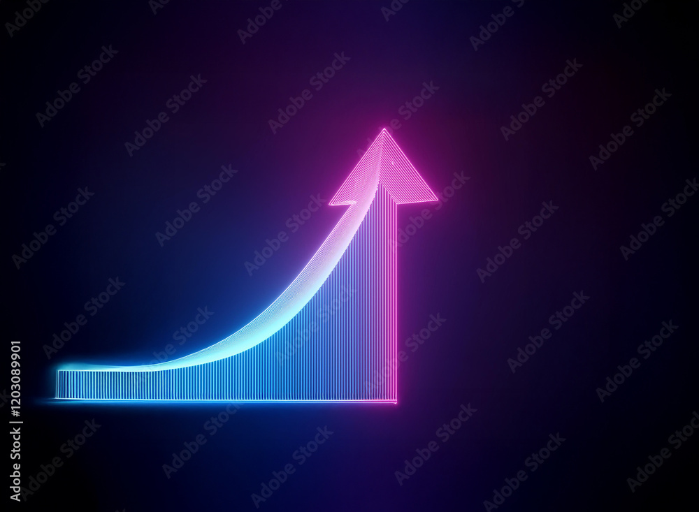 Glowing neon arrow ascends, symbolizing growth and progress. The vibrant colors represent positive change and upward trajectory. Glowing neon arrow ascends, symbolizing growth and progress. The vibrant colors represent positive change and upward trajectory.