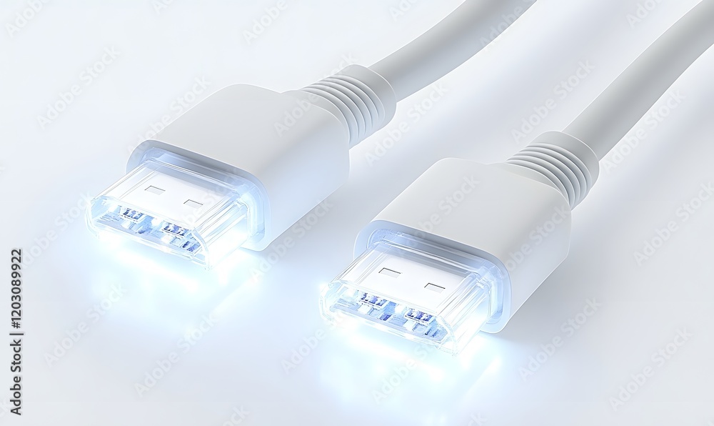 Two illuminated white USB-C cables. Two illuminated white USB-C cables.