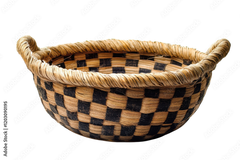 Handmade woven basket with a checkered pattern made from natural materials for home decor and storage Handmade woven basket with a checkered pattern made from natural materials for home decor and storage