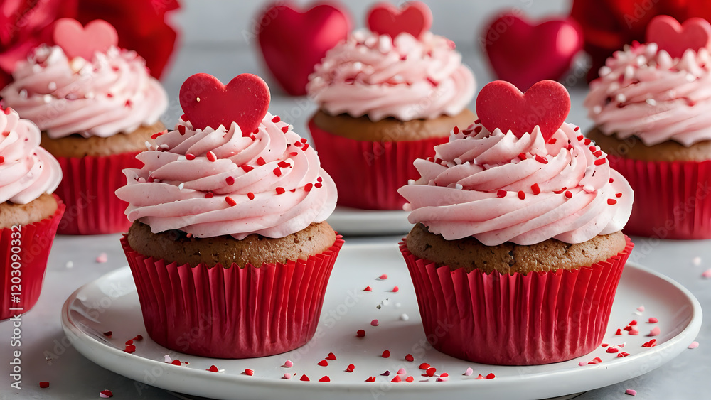 A close-up of a Valentine's Day cupcake with heart-shaped toppers, pink frosting, and sprinkles.300dpi A close-up of a Valentine's Day cupcake with heart-shaped toppers, pink frosting, and sprinkles.300dpi