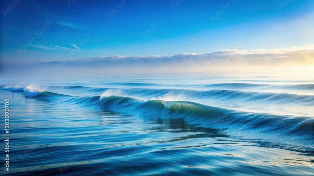 Fototapeta premium Serene ocean waves gently rolling in with morning fog creating a soft veil over the water surface, revealing hidden ripples and shades of blue, sea ripple, natural beauty