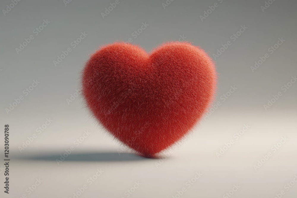 Fototapeta premium A red felt heart icon in 3D with a fluffy texture, positioned against a simple light gray background. The design is clear, natural, and eye-catching.