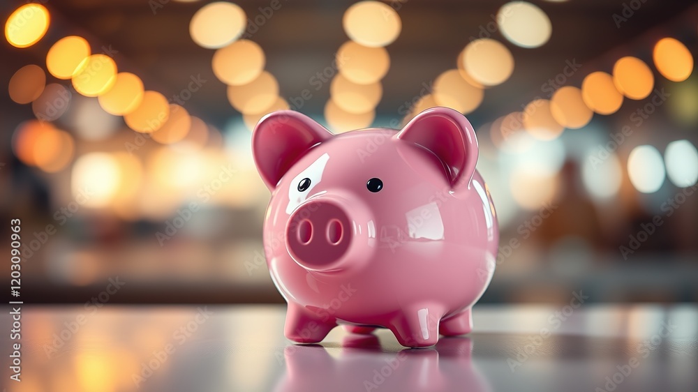 Obraz premium Pink Piggy Bank Bokeh Lights - AI Photo