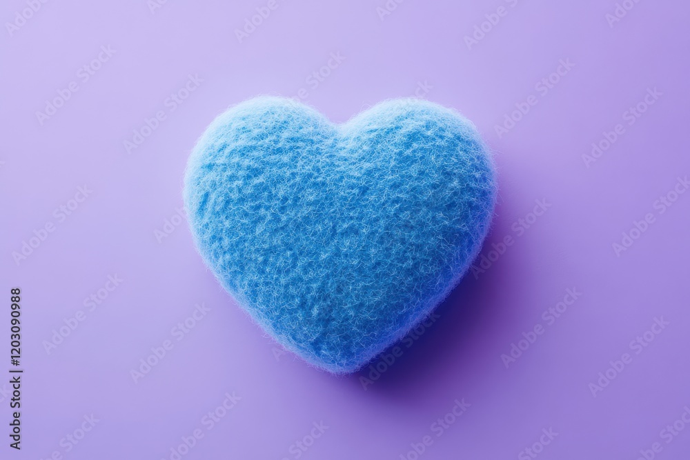 Obraz premium A vibrant blue 3D fluffy heart icon with a felt material finish, placed on a solid lavender background. The natural lighting emphasizes the clear, simple details.
