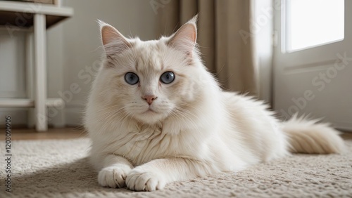 Cream point ragdoll cat laying on the floor indoor