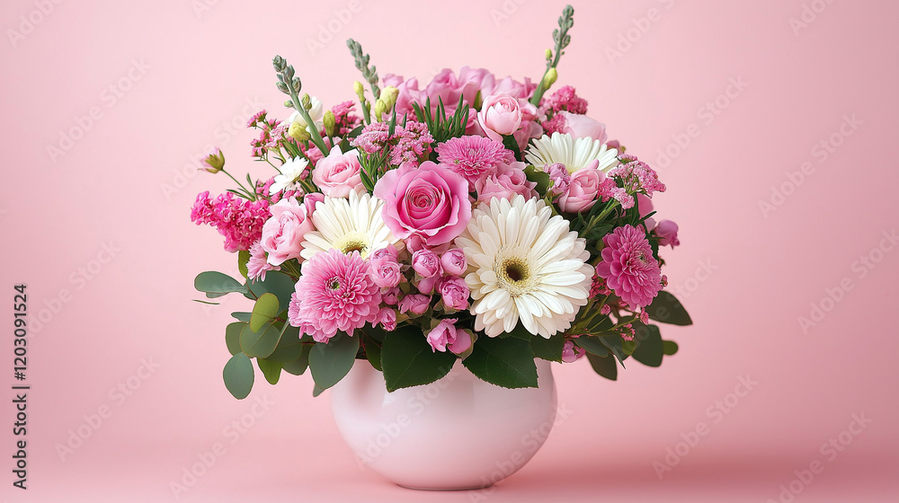 Fototapeta premium Romantic Flower Arrangement on Pastel Pink Background with Elegant Floral Design