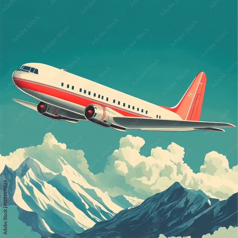 Fototapeta premium Vintage Airplane Soaring Above Mountains: A retro-style illustration of a sleek, red and white airplane in flight, soaring gracefully above a majestic mountain range.