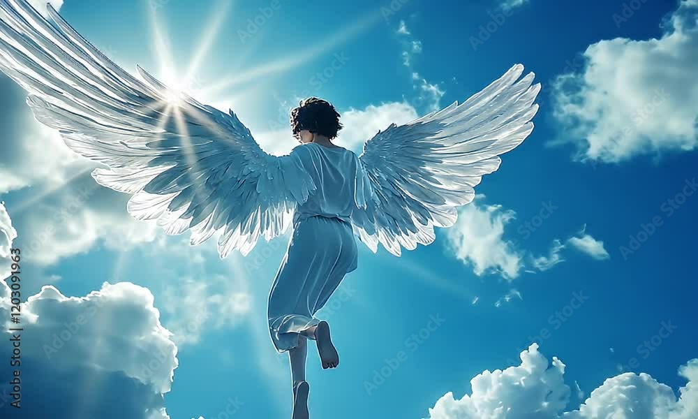 An angelic figure with large wings ascends through a bright, cloud-filled sky.