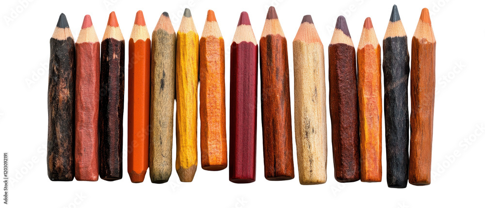 A colorful array of natural wooden crayons arranged neatly in a row. transparent background A colorful array of natural wooden crayons arranged neatly in a row. transparent background