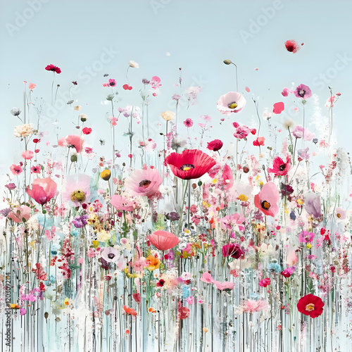 Floral Field Illustration: Pink and Red Poppies