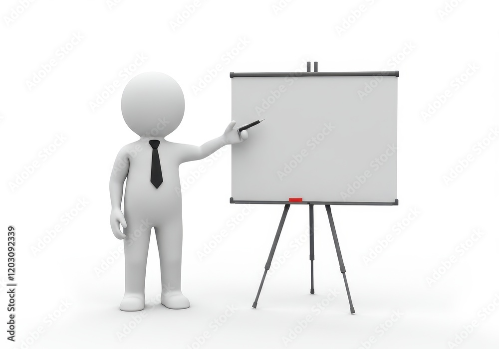 A 3D illustration of a minimalist human figure wearing a black tie, standing beside a blank whiteboard on a tripod A 3D illustration of a minimalist human figure wearing a black tie, standing beside a blank whiteboard on a tripod