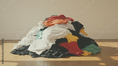 Mountain of Laundry: A large pile of colorful clothing sits on the floor, bathed in sunlight, creating a casual, yet visually striking image.  photo