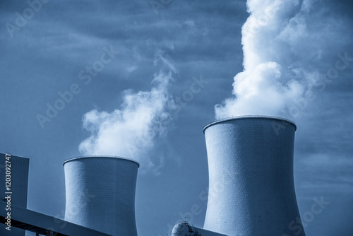 Majestic Cooling Towers with Steam Emissions Against a Blue Sky