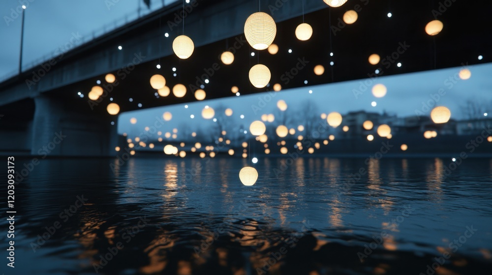 Fototapeta premium Floating Lanterns Illuminating Calm Water Under Bridge at Dusk