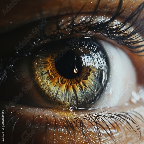 A close-up of a crying eye, a single tear rolling down, emotional depth. photo