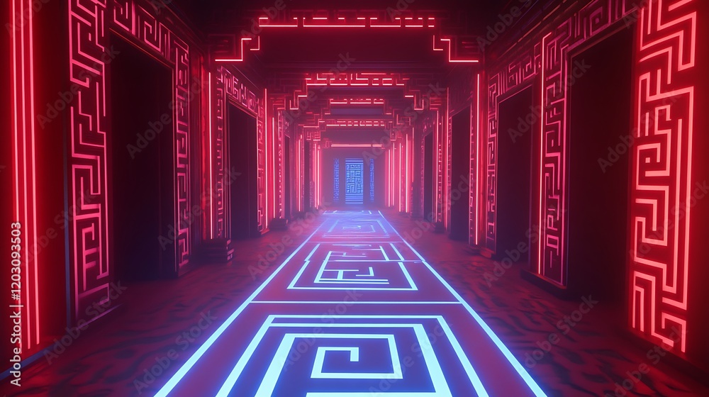 Fototapeta premium Neon Maze Corridor Red And Blue Lights