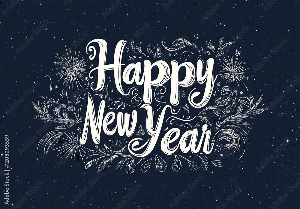 Naklejka premium Elegant Happy New Year Hand Lettering with Festive Elements on Dark Blue