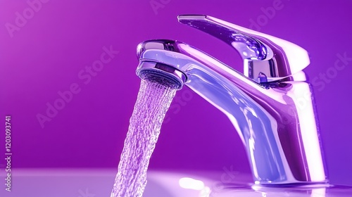 Chrome faucet with running water on purple background	