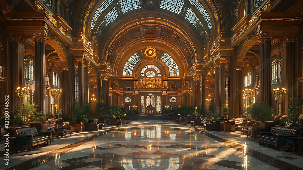 Obraz premium Golden Hall Sunlit Lobby Interior Architecture