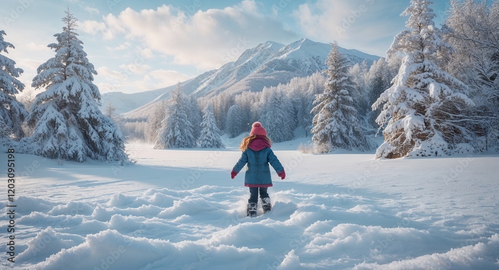 Snowy winter landscape with girl playing in the snow