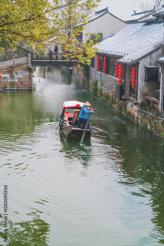 Obraz premium Old houses, rivers, and bridges in Zhouzhuang Ancient Town, Suzhou City, Jiangsu Province, China