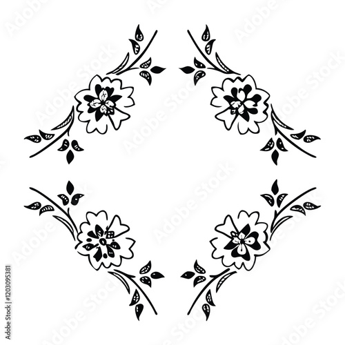 Symmetrical floral design, black and white illustration, delicate flower motif, ornamental border, botanical art, intricate linework, vintage engraving style, decorative corner elements, circular