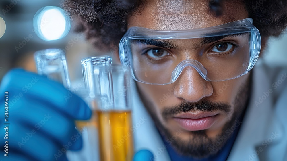 Focused male scientist examining liquid in test tubes during scientific experiment in a laboratory Focused male scientist examining liquid in test tubes during scientific experiment in a laboratory
