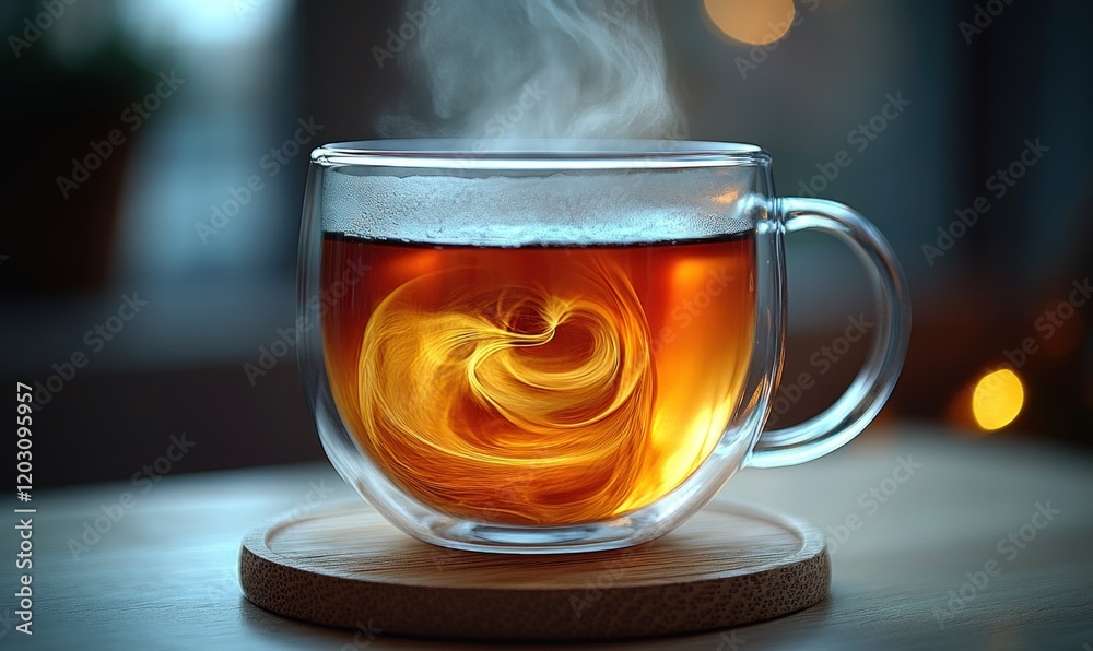 Steaming tea, swirling light, glass mug. Steaming tea, swirling light, glass mug.