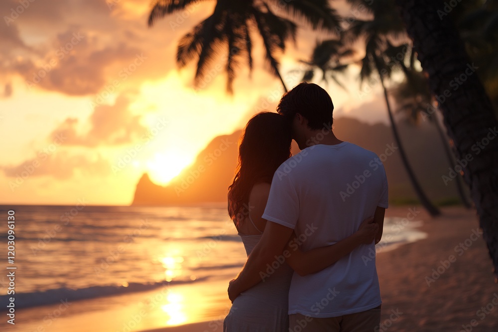 Couple embraces at sunset beach, tropical paradise Couple embraces at sunset beach, tropical paradise