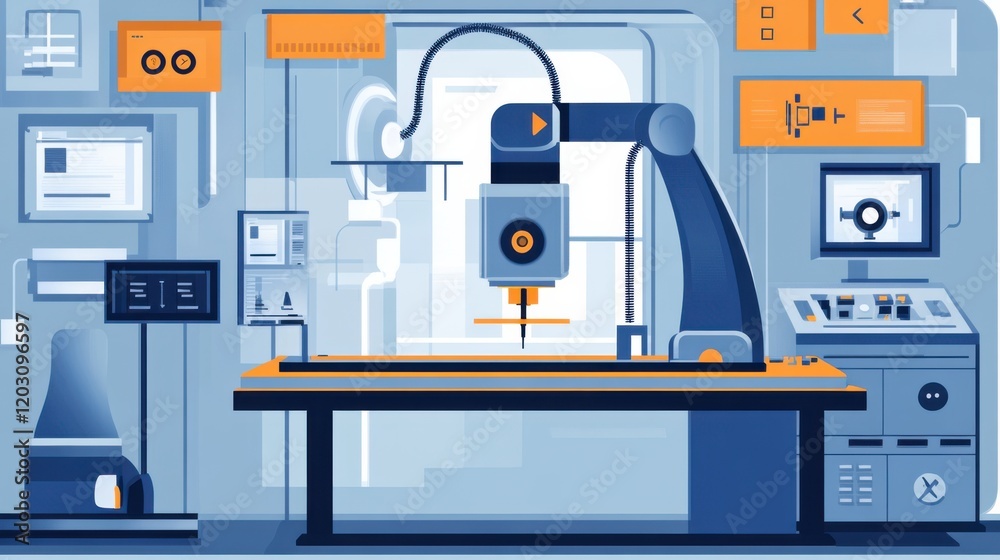 Advanced robotic arm operating in a modern manufacturing facility with digital interfaces Advanced robotic arm operating in a modern manufacturing facility with digital interfaces
