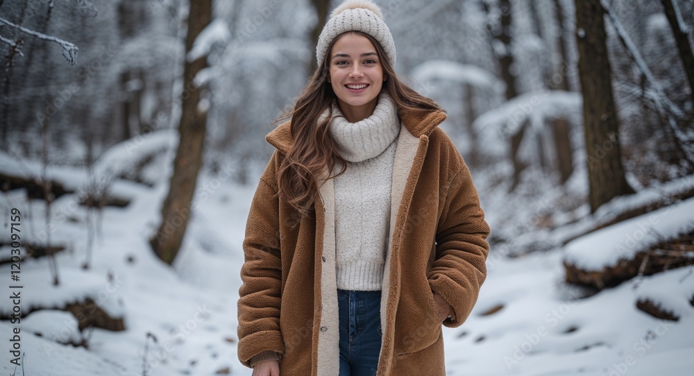 Young woman in cozy coat walking through snowy forest Young woman in cozy coat walking through snowy forest