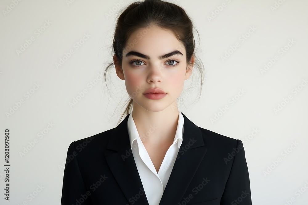 Portrait of a Young Caucasian Businesswoman with Dark Hair in a Black Blazer and White Shirt Portrait of a Young Caucasian Businesswoman with Dark Hair in a Black Blazer and White Shirt