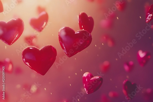 Cascade of Vibrant Red and Pink Hearts Gently Falling.
