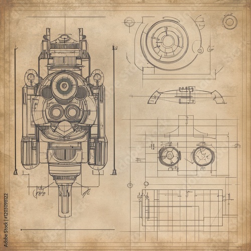 Steampunk Robot Blueprint: Detailed technical drawing of a retro-futuristic robot, reminiscent of steampunk aesthetics, displayed on aged parchment.