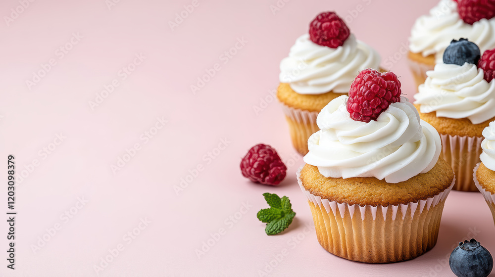 Delicious cupcakes topped with cream and fresh berries on pink background Delicious cupcakes topped with cream and fresh berries on pink background