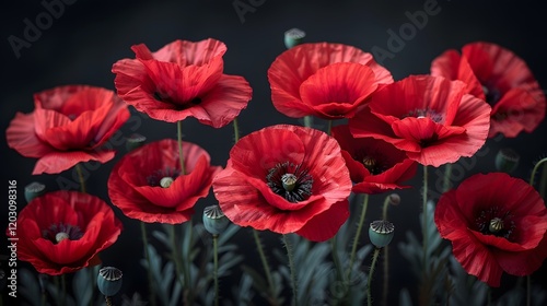 Red poppies on black background. Remembrance day