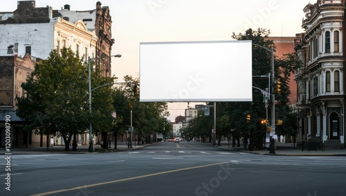 Clean billboard blends into historic calm, morning tones create clear simplicity. photo