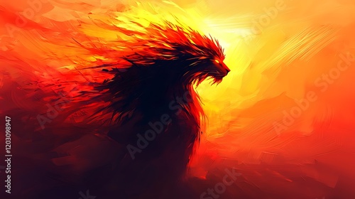 Fiery lion silhouette against a vibrant sunset backdrop, ideal for fantasy themes photo