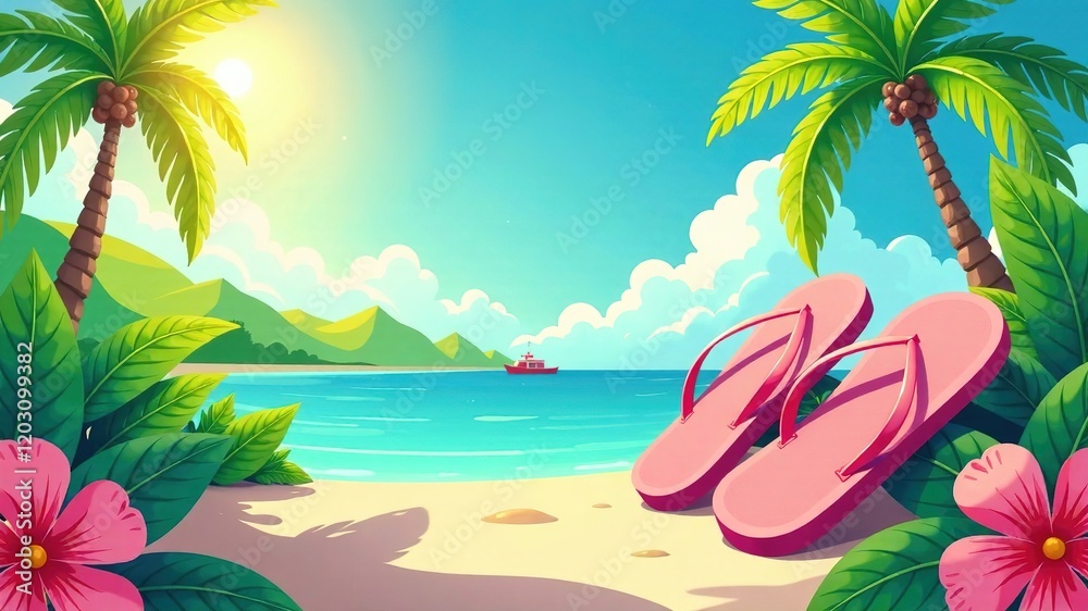Naklejka premium Summer Flip Flops Flat Illustration, Tropical Vibes, Modern Design