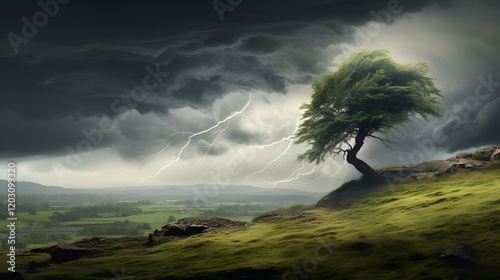A lone tree stands resolute its branches bending against the forceful winds of a raging storm in a picturesque countryside landscape