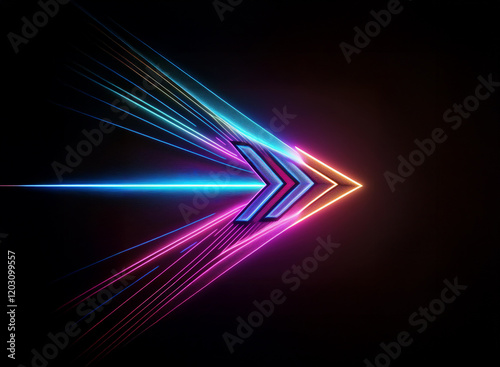 A vibrant, neon arrow streaks across a dark background, leaving glowing trails of light.  Its design is sleek and futuristic, conveying a sense of speed and progress.