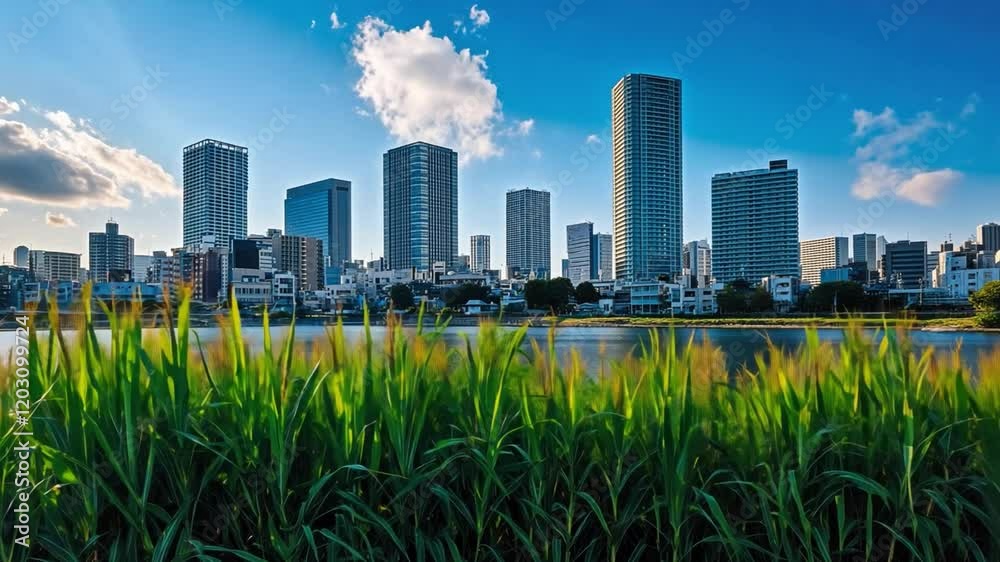 The cityscape is bustling with activity