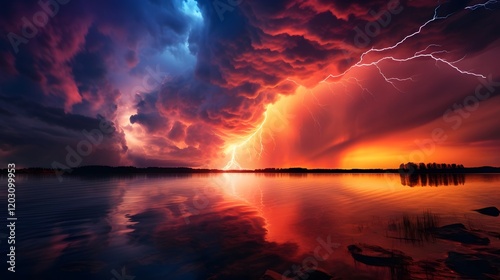 Dramatic and Captivating Sunset Landscape Framed by Ominous Storm Clouds and Vivid Lightning Bolts in a Moody Atmospheric 16 9 Composition