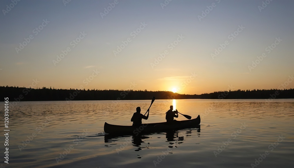 Two people kayaking on a lake at sunset. Silhouettes of paddlers enjoying a peaceful outdoor activity.