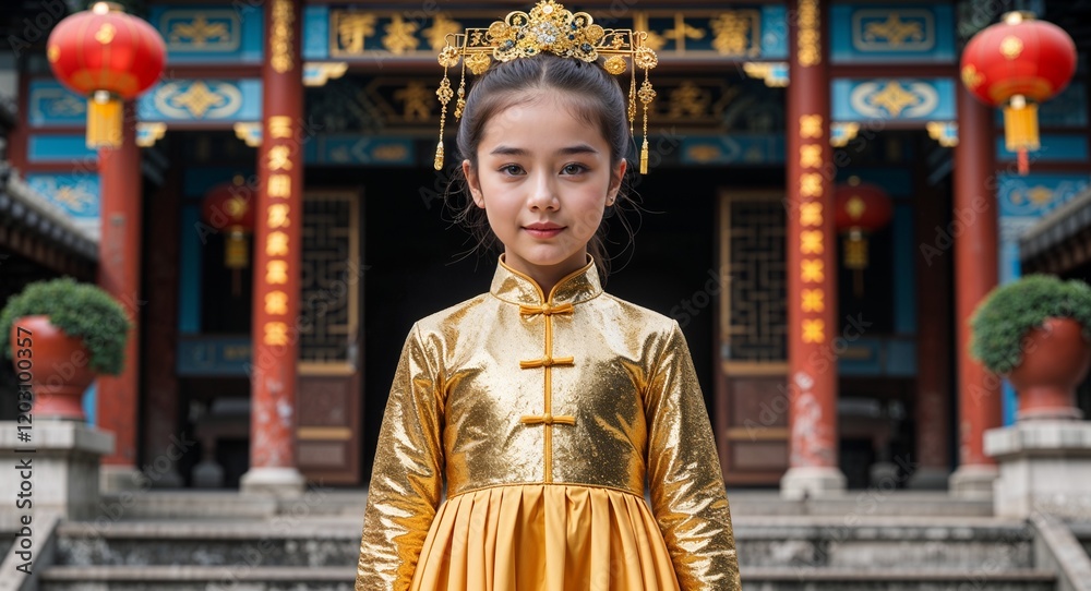 Φωτογραφία Girl wearing a golden Chinese dress with a temple entrance background