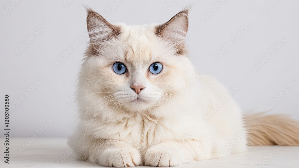 Portrait of Cream point ragdoll cat on grey background Portrait of Cream point ragdoll cat on grey background