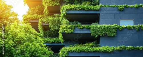 Facade with cascading greenery over terraces, urban jungle, green living