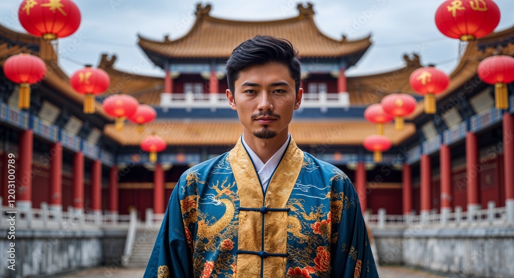 Fototapeta premium Guy in Chinese attire standing in front of a traditional palace