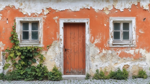 Vintage facade with peeling paint and ivy growth, rustic charm, time-worn elegance